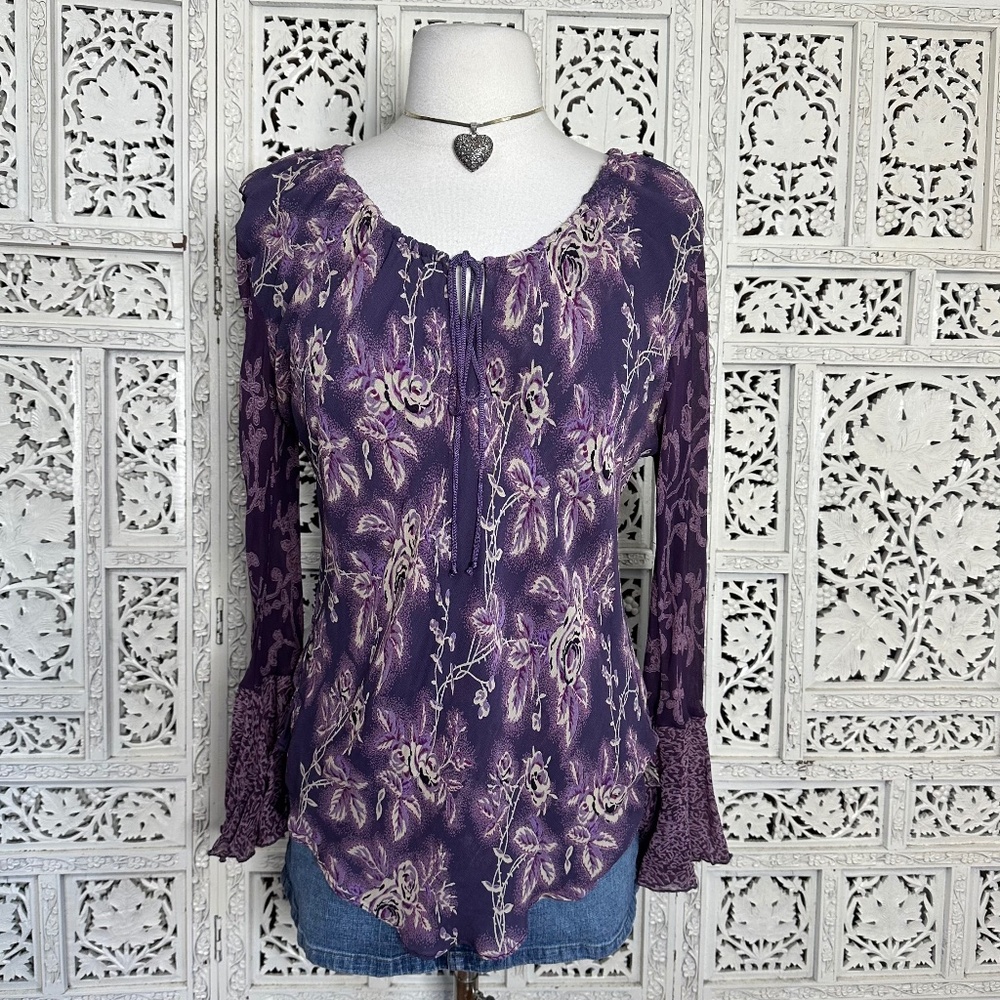 Y2k Purple Floral Lightweight‎ Bell Sleeve Tie Front Long Sleeve Blouse Sz Large
